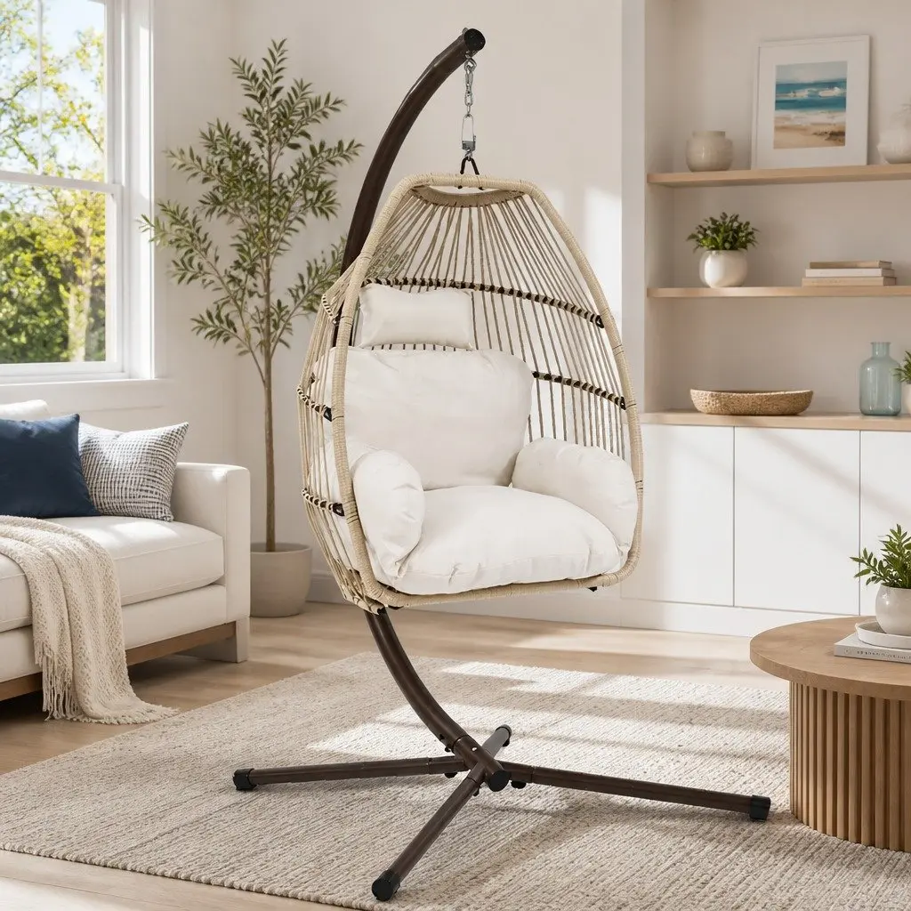 Hanging Egg Chair Pod Swing 360° Rotating Wicker Rope Stand Outdoor Garden Patio