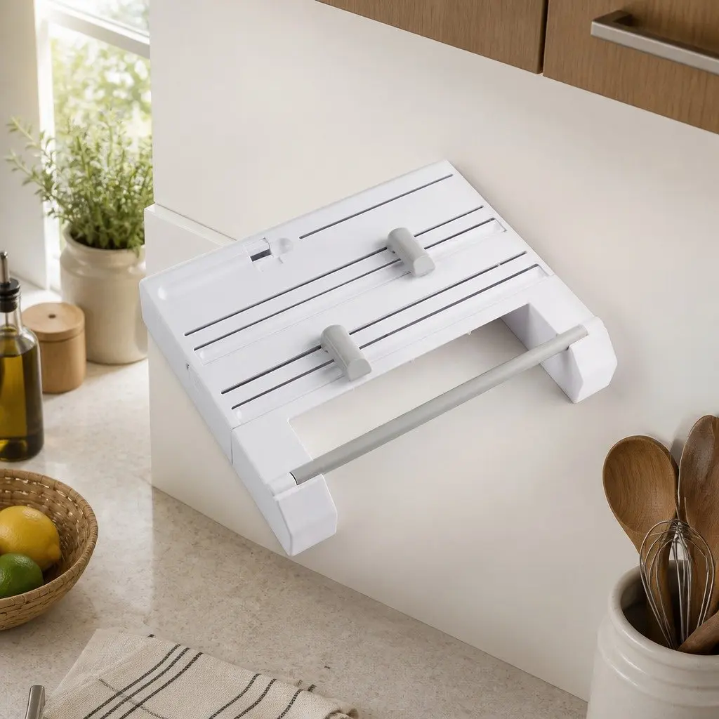 Wall Mounted Kitchen Rack Jumbo Size Paper Towel Holder with Foil Plastic Wrap Dispenser