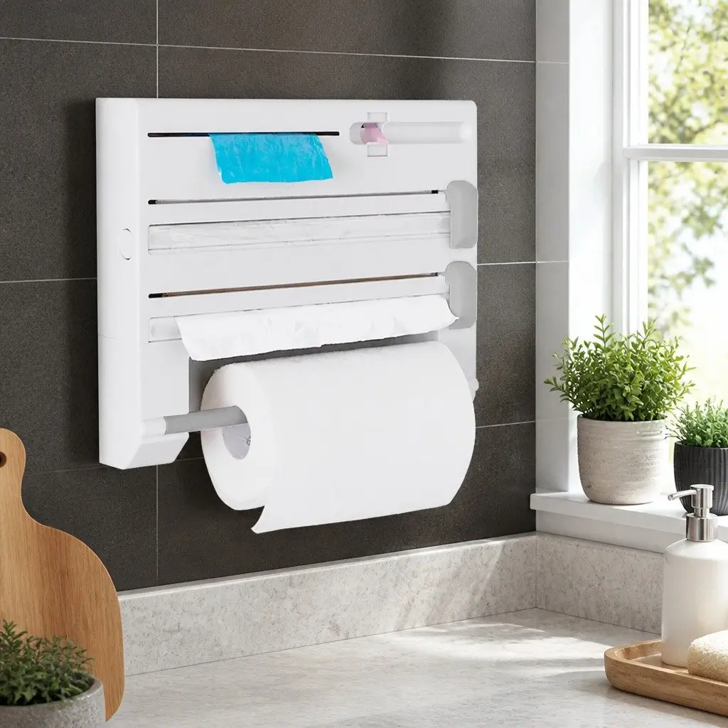 Wall Mounted Kitchen Rack Jumbo Size Paper Towel Holder with Foil Plastic Wrap Dispenser