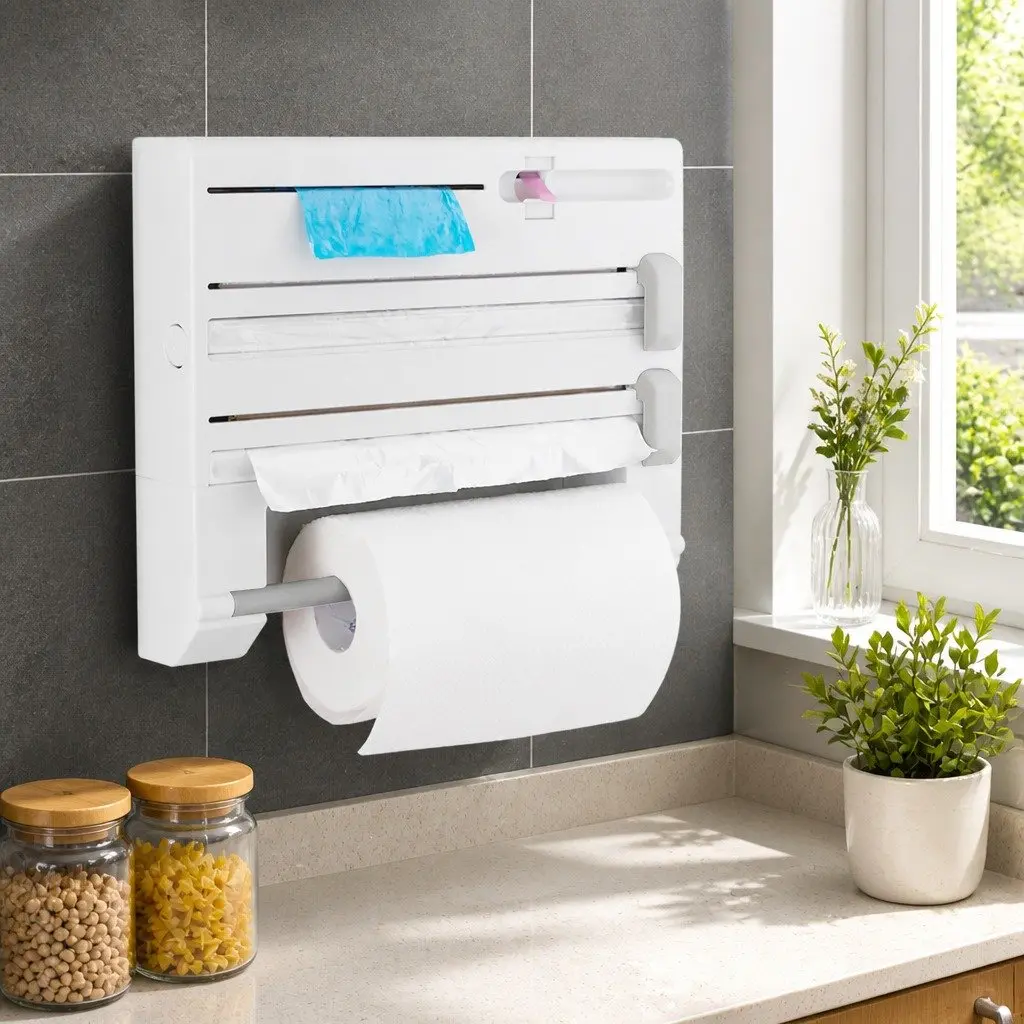 Wall Mounted Kitchen Rack Jumbo Size Paper Towel Holder with Foil Plastic Wrap Dispenser