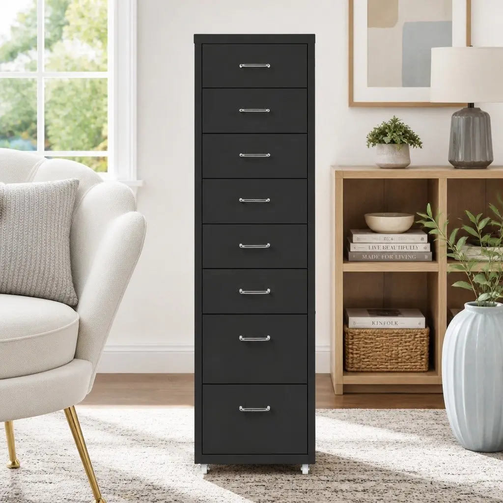 8 Drawer Filing Cabinet Compact Steel Black Office Storage Organizer