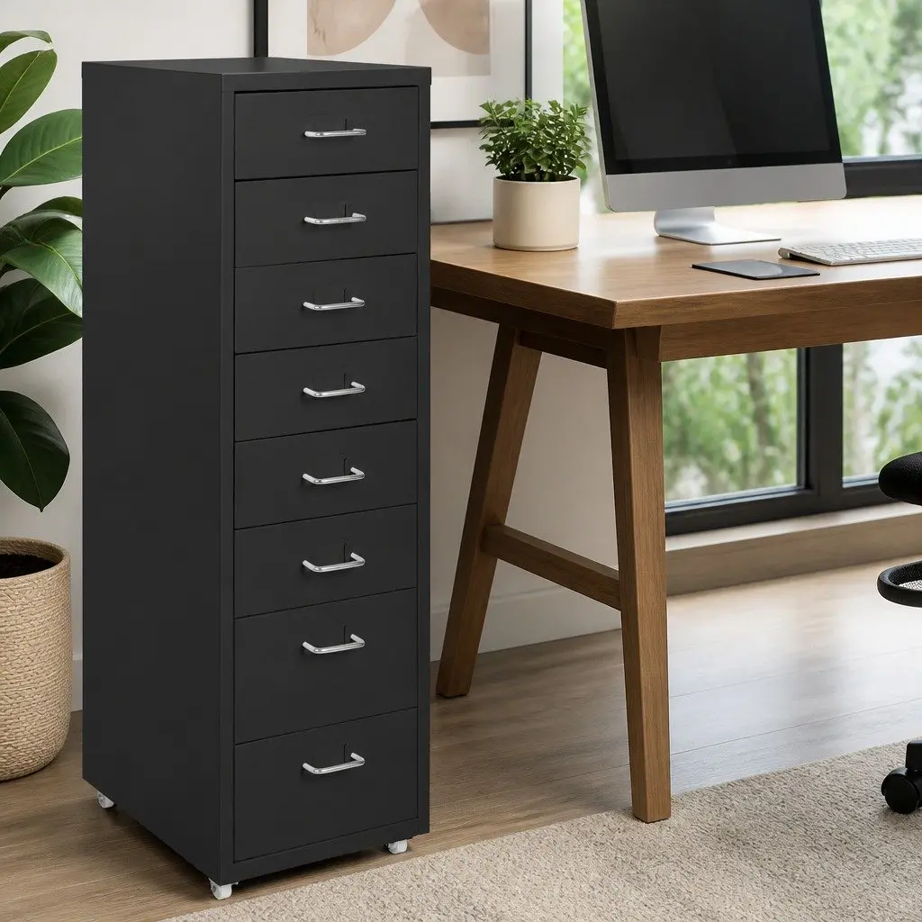 8 Drawer Filing Cabinet Compact Steel Black Office Storage Organizer