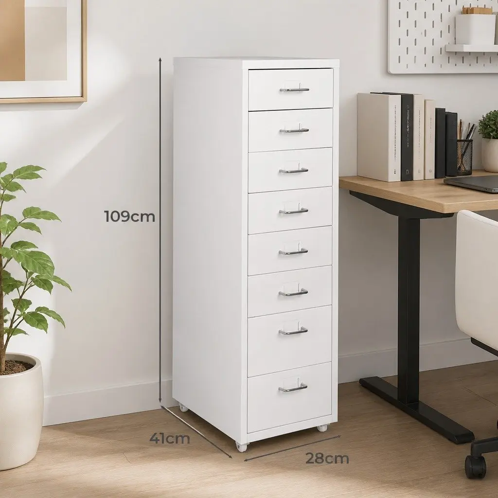 8 Drawer Filing Cabinet Compact White Steel Organizer for Home Office Storage