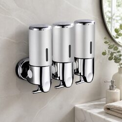 Wall Mounted Soap Dispenser 3 Bottles Bathroom Kitchen Shower Dispenser Silver
