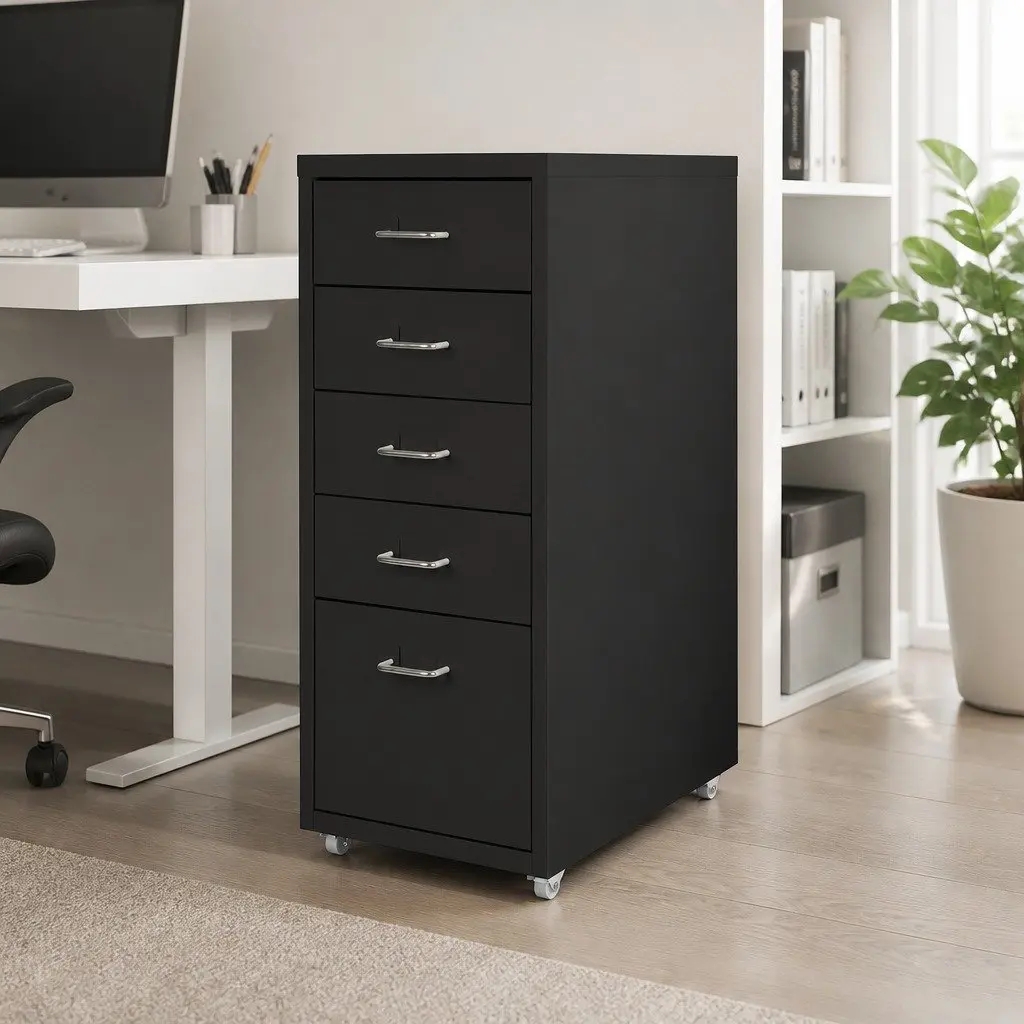 5 Drawer Compact Steel Filing Cabinet Black Office Storage Organizer