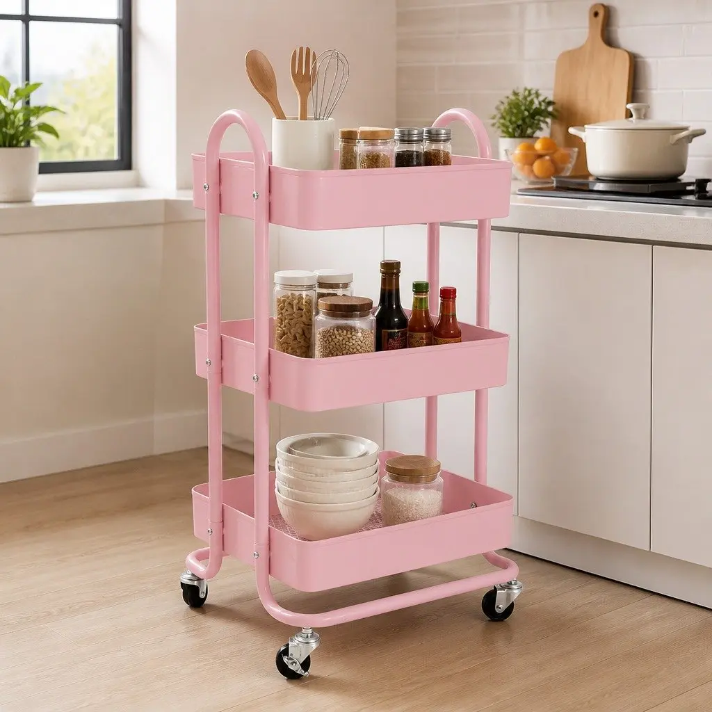 3-Tier Kitchen Trolley Cart Compact Portable Storage Organiser with 360° Rolling Wheels and Lockable Wheels