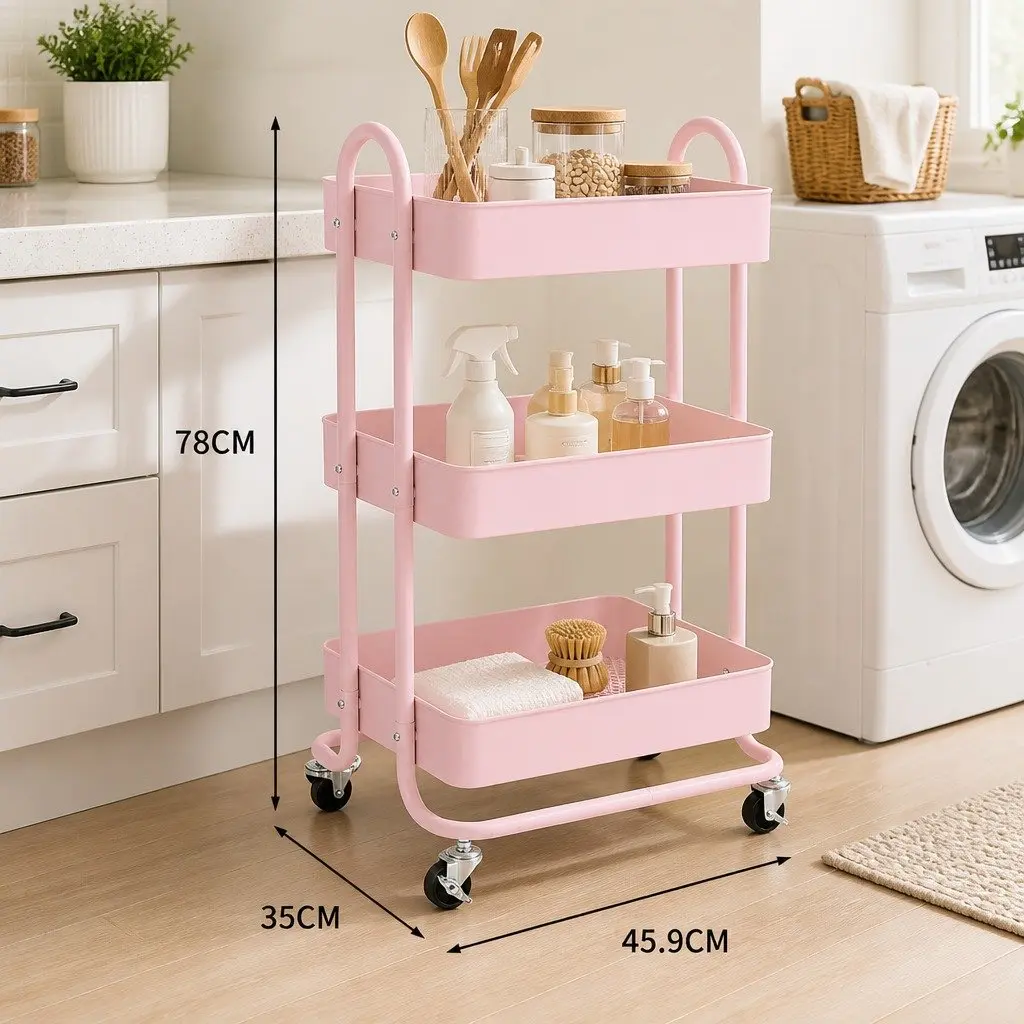 3-Tier Kitchen Trolley Cart Compact Portable Storage Organiser with 360° Rolling Wheels and Lockable Wheels