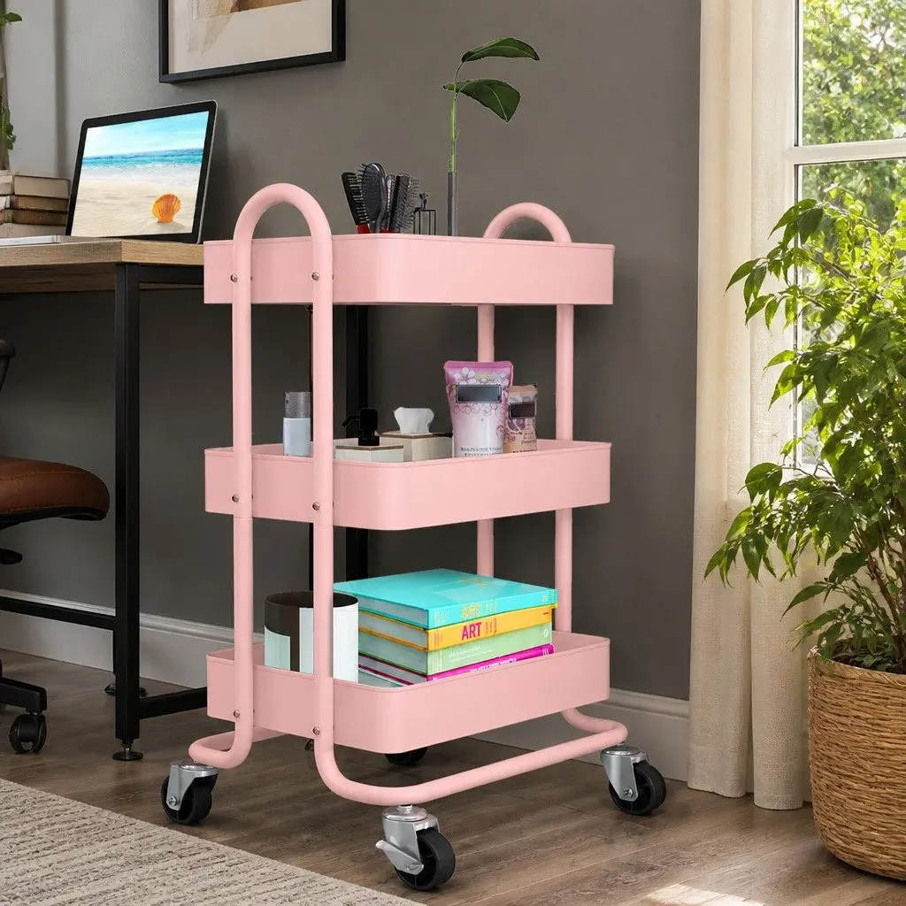 3-Tier Kitchen Trolley Cart Compact Portable Storage Organiser with 360° Rolling Wheels and Lockable Wheels