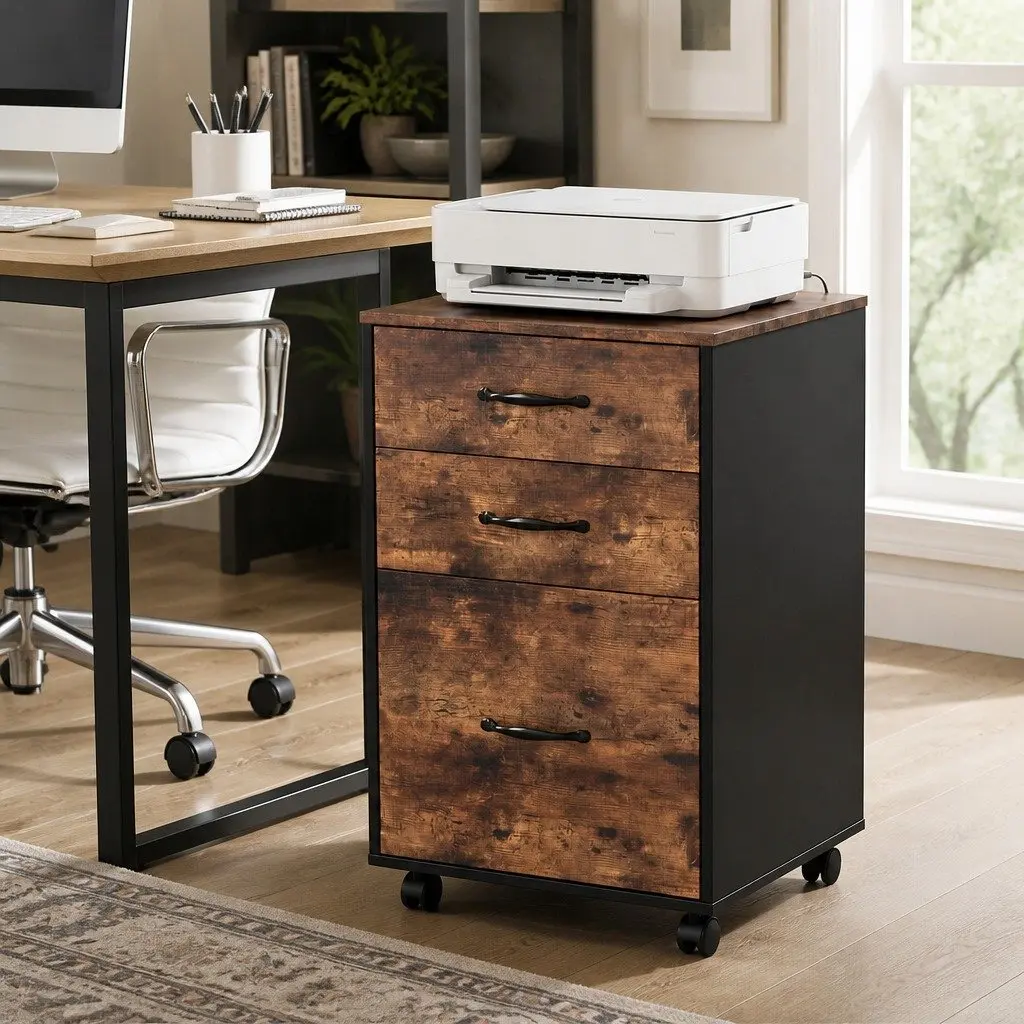 Mobile Filing Cabinet 3-Drawer Office Storage Organiser Rolling Wheels Walnut