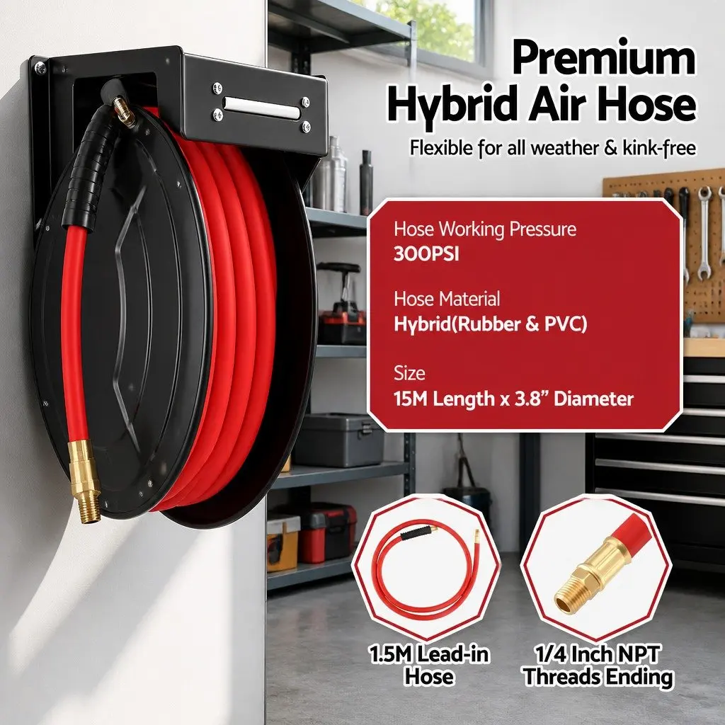 Air Hose Reel Retractable 3/8" x 15m 300PSI Auto Rewind Garage Workshop Storage