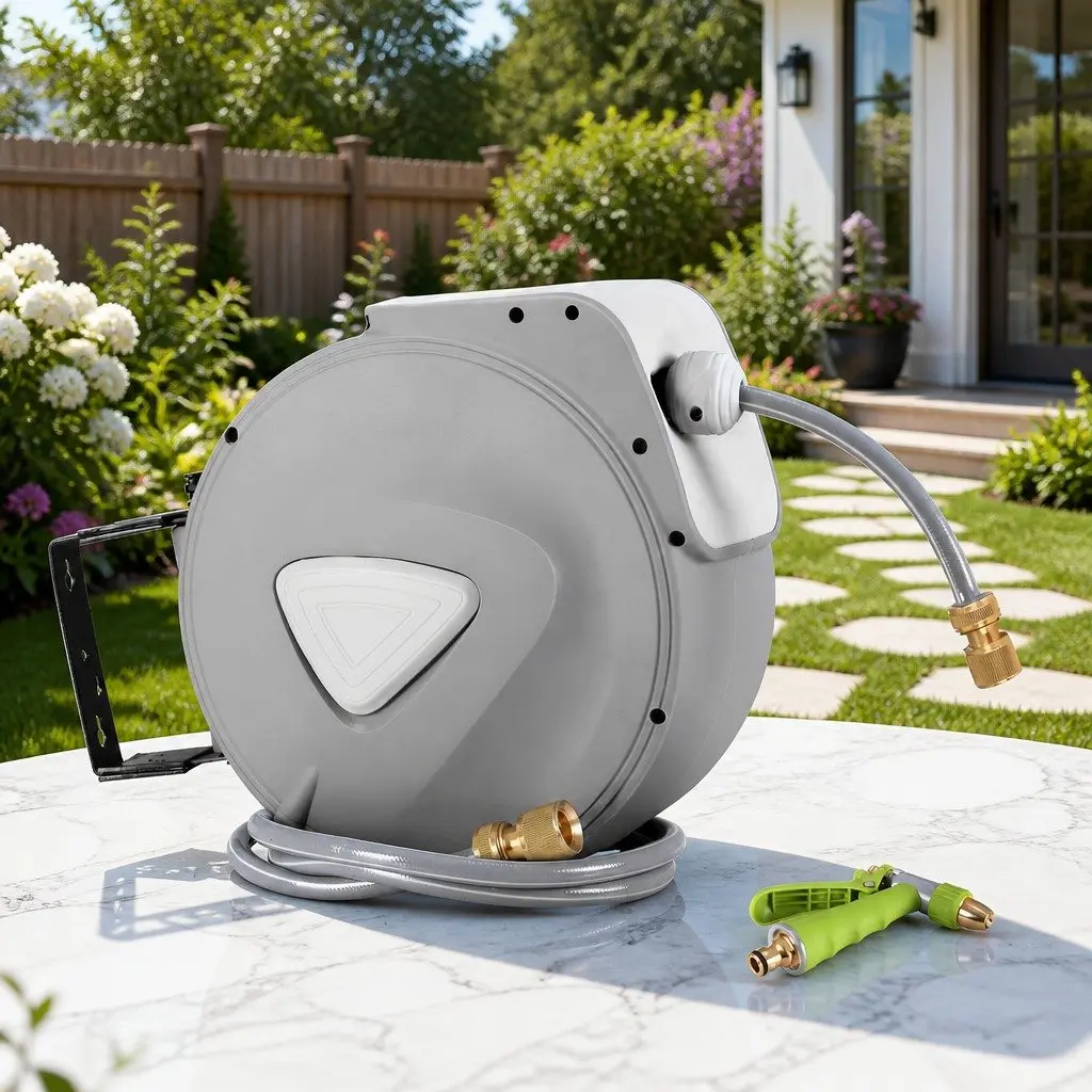 Water Hose Reel 30M Retractable Auto Rewind Wall Mount with 9 Setting Spray Gun Grey