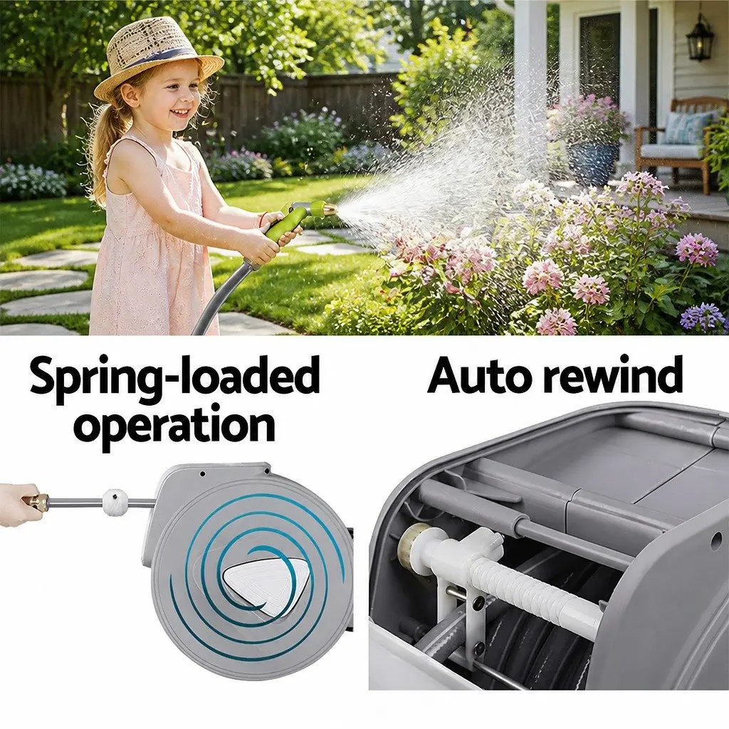 Water Hose Reel 30M Retractable Auto Rewind Wall Mount with 9 Setting Spray Gun Grey