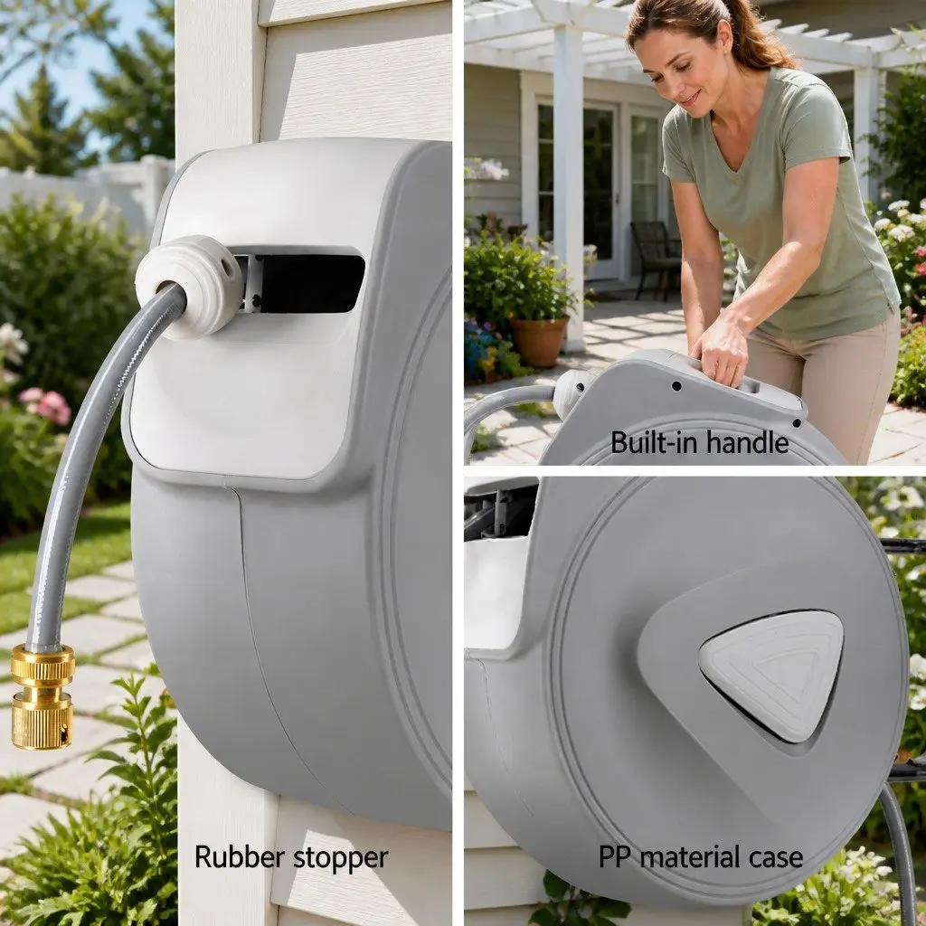 Water Hose Reel 30M Retractable Auto Rewind Wall Mount with 9 Setting Spray Gun Grey
