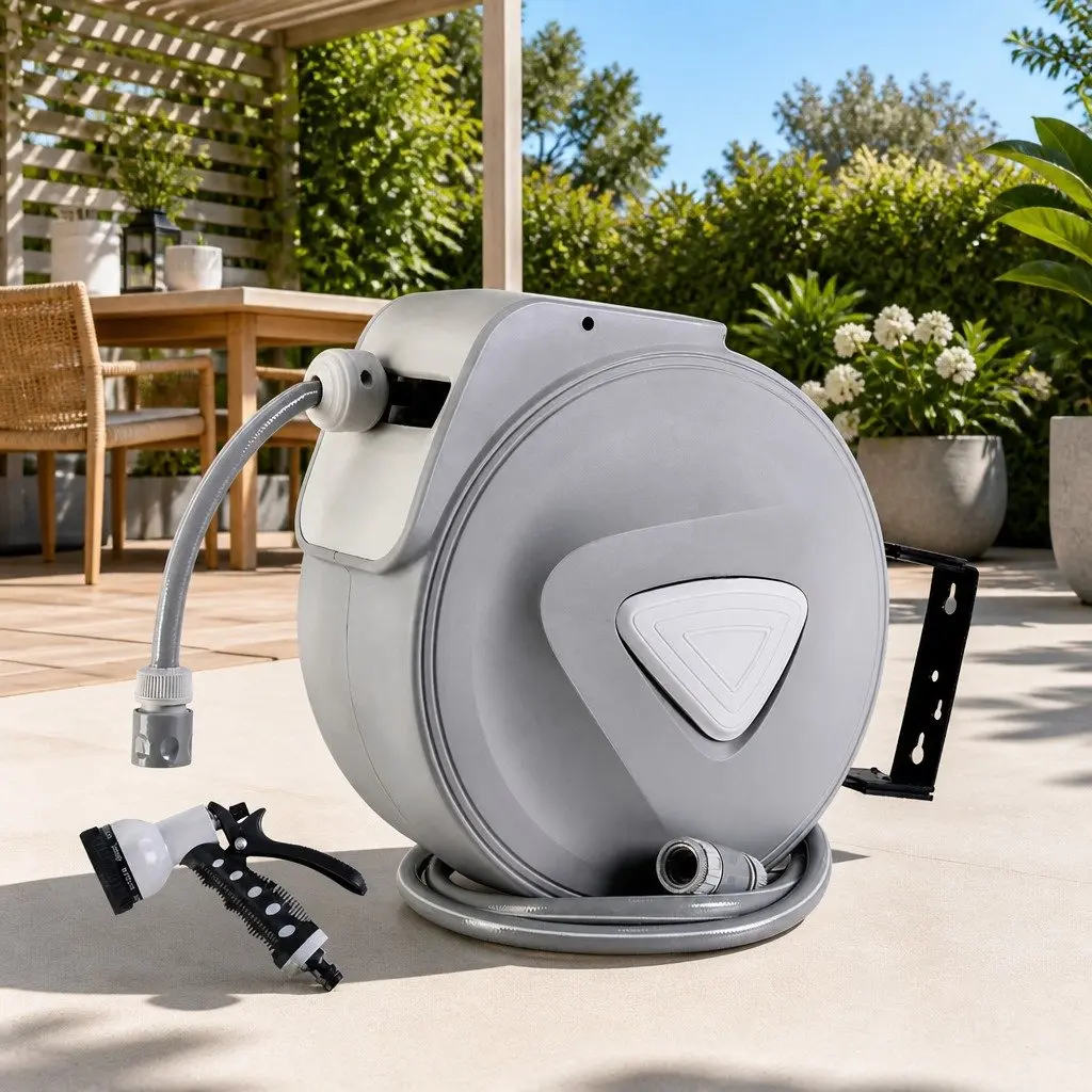Water Hose Reel 30M Retractable Auto Rewind Wall Mount with 9 Setting Spray Gun