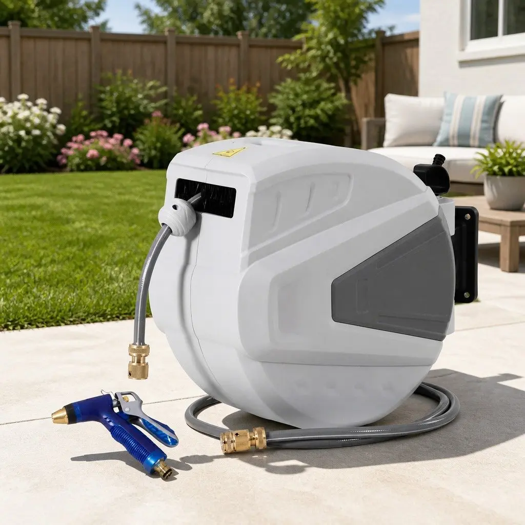 Water Hose Reel 30M Retractable Auto Rewind Wall Mount with Adjustable Spray Gun