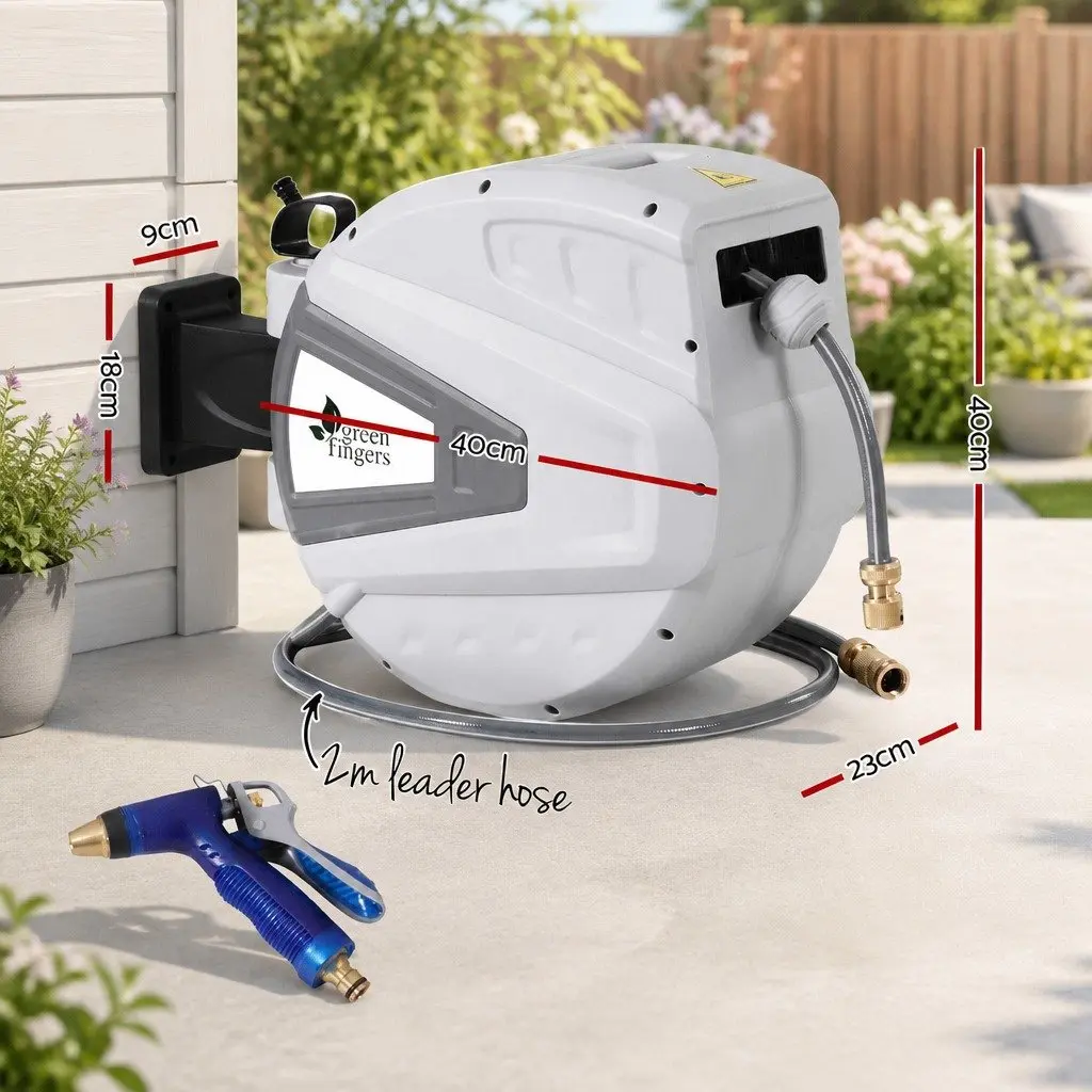 Water Hose Reel 30M Retractable Auto Rewind Wall Mount with Adjustable Spray Gun