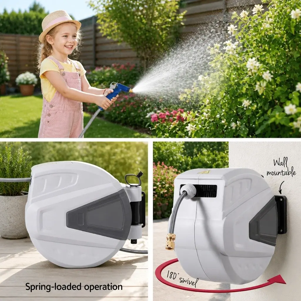 Water Hose Reel 30M Retractable Auto Rewind Wall Mount with Adjustable Spray Gun