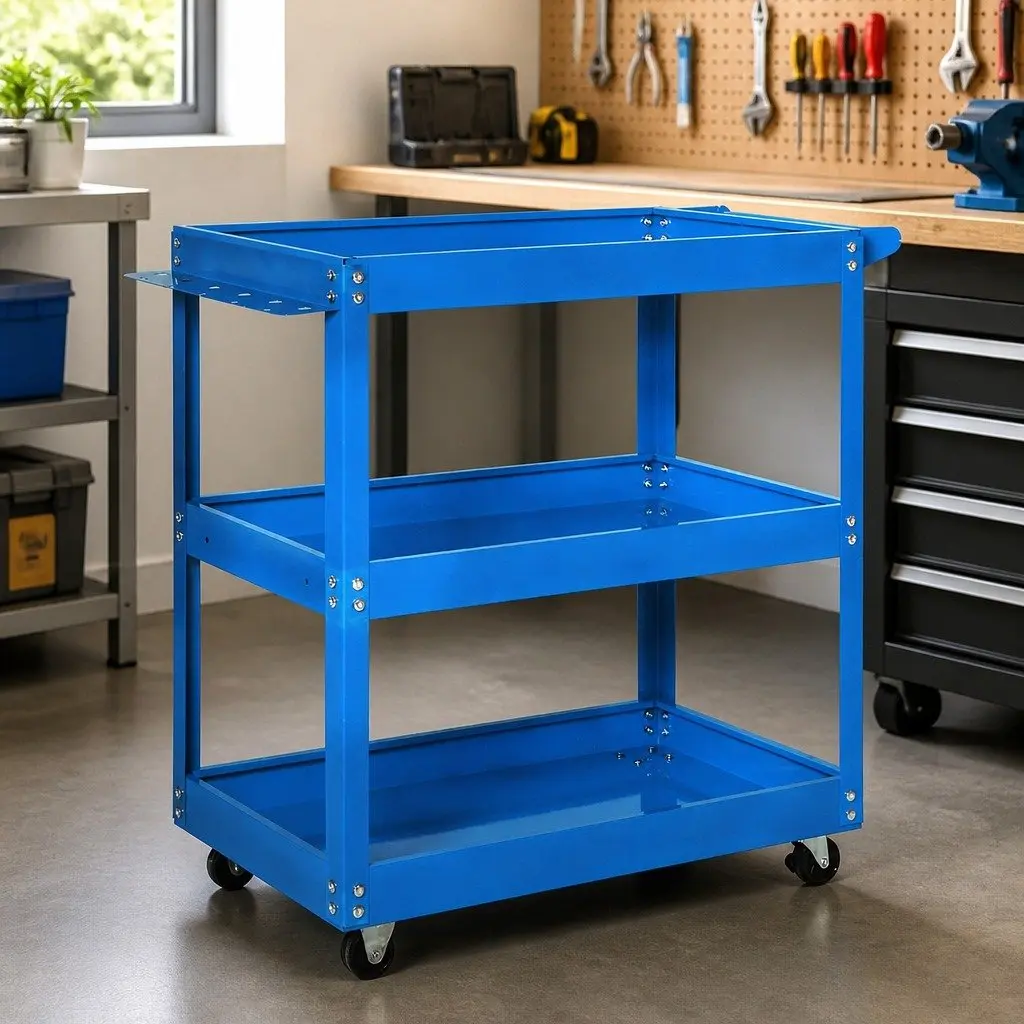 Tool Cart Trolley Blue with 3 Storage Trays Castor Wheels for Workshop Garage