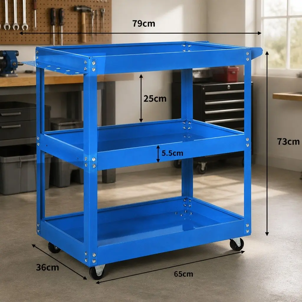 Tool Cart Trolley Blue with 3 Storage Trays Castor Wheels for Workshop Garage