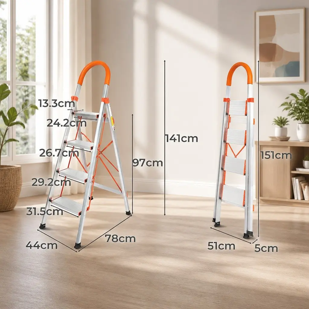 4 Step Ladder Folding Single-Sided Aluminium Portable Kitchen Garage Workshop