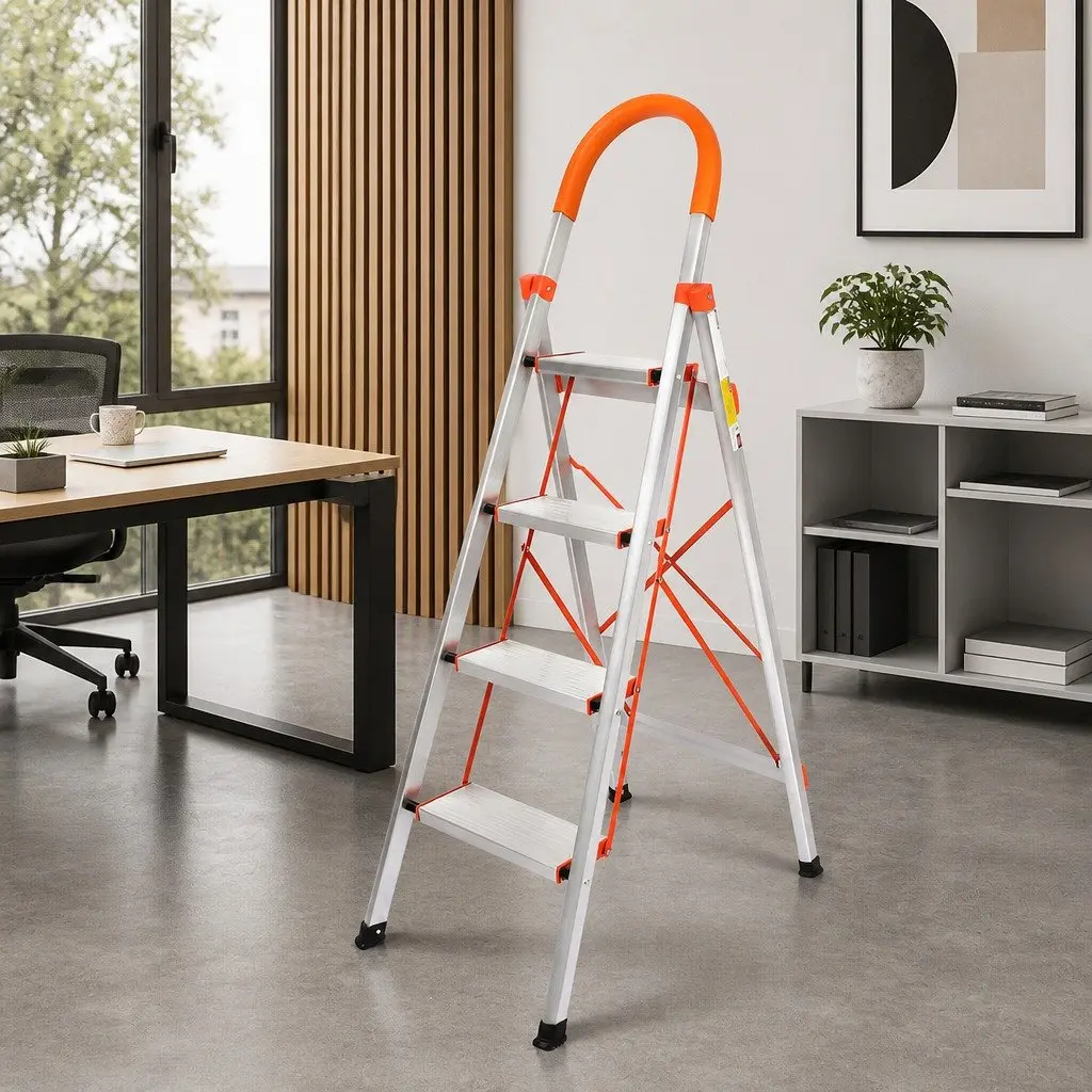4 Step Ladder Folding Single-Sided Aluminium Portable Kitchen Garage Workshop