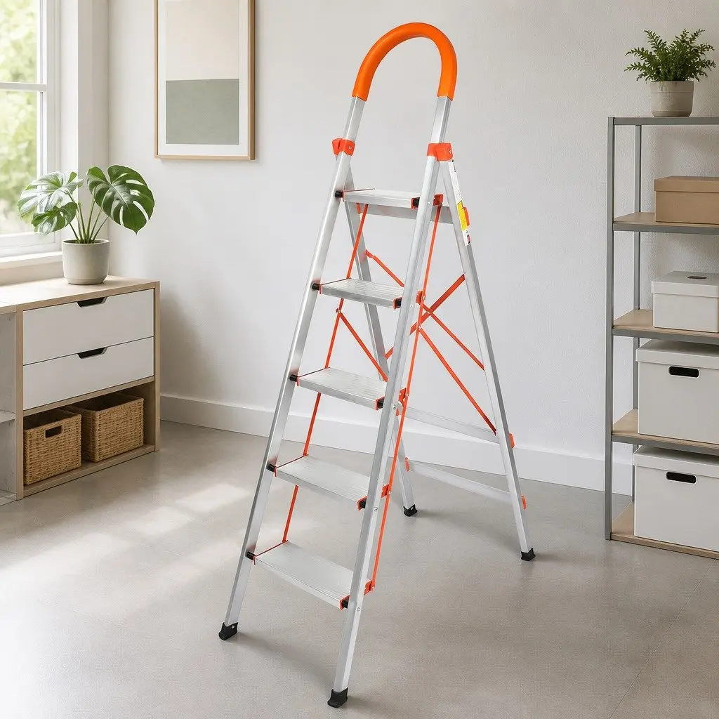 5 Step Folding Ladder Aluminium Non-Slip Grooved Steps Home Workshop Garage