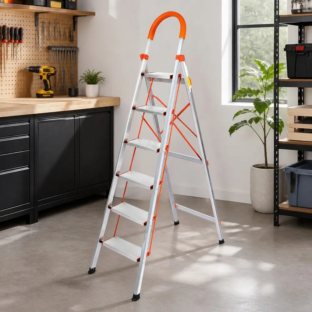 Aluminium Folding Step Ladder 6 Step Single-Sided Portable for Workshop Home Garage