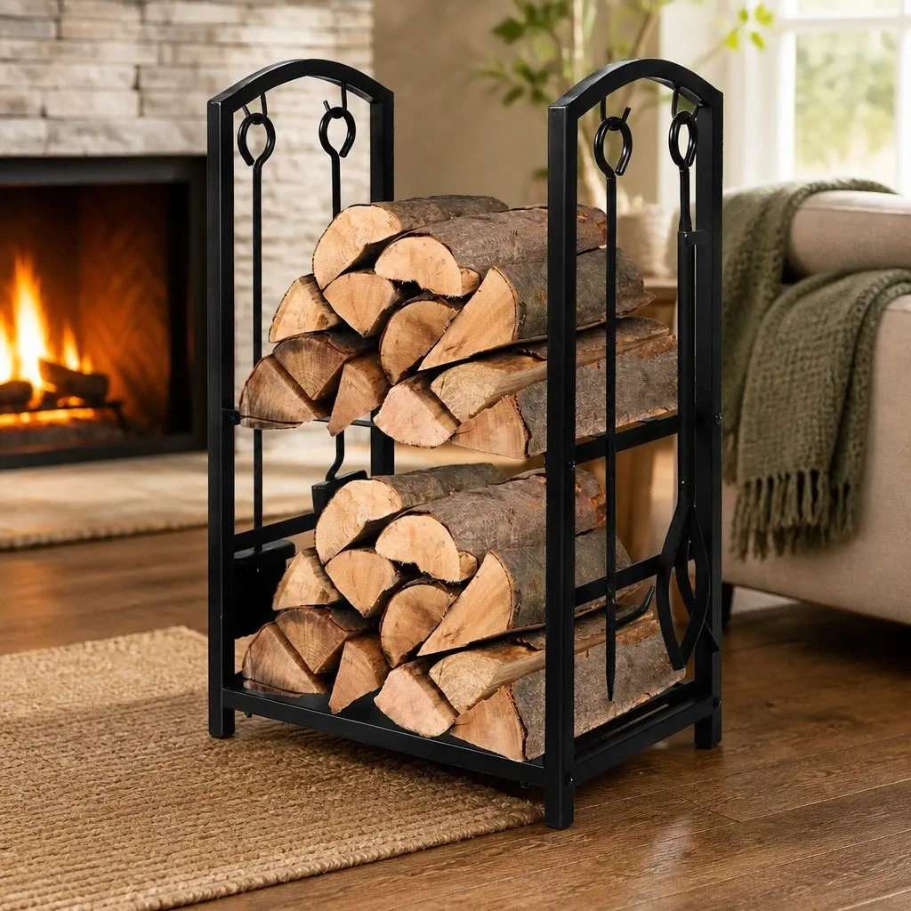 Firewood Rack 2-Tier Heavy-Duty Steel 5-in-1 Storage Organizer for Indoor and Outdoor Use