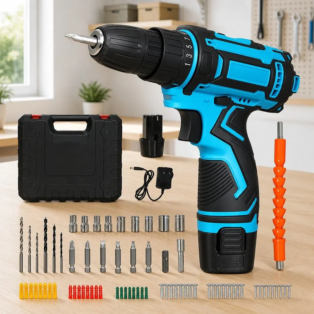 12V Cordless Drill Driver Kit 2000mAh Battery Variable Speed 74pcs Accessories