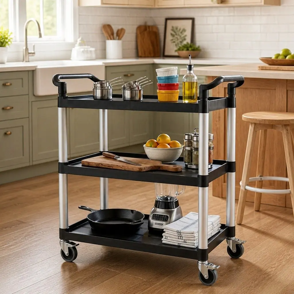 Tool Trolley Cart 3 Tier Rolling Storage Organiser Smooth Mobility Lockable Wheels