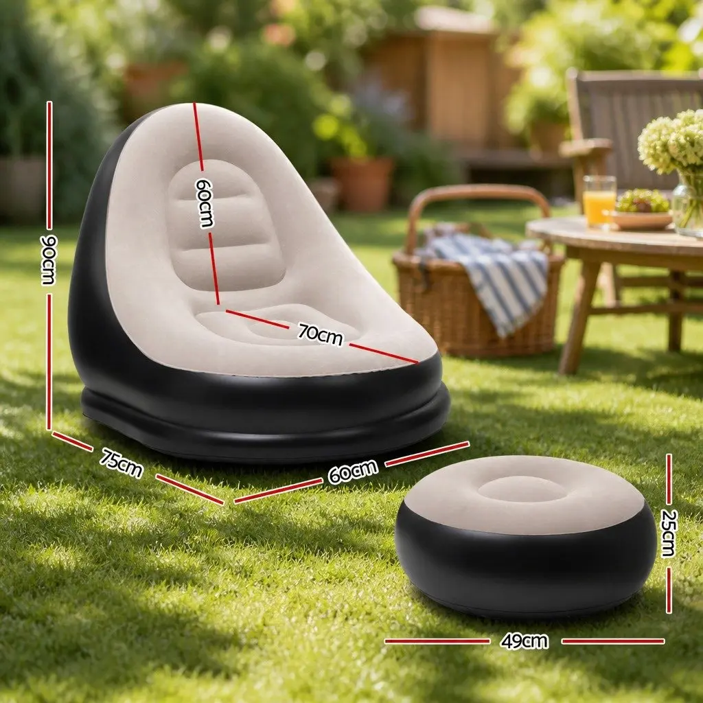 Inflatable Air Chair with Ottoman Portable Soft Flocked Fabric Indoor Outdoor Use