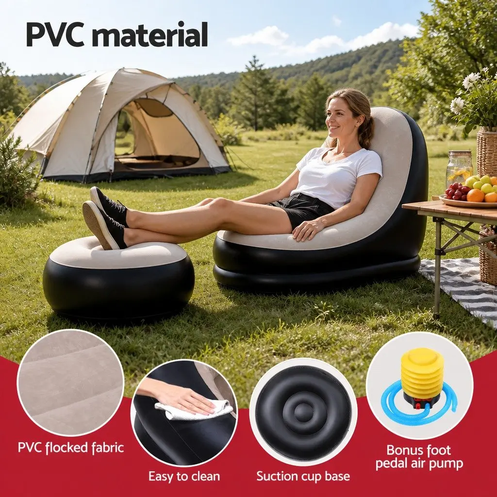 Inflatable Air Chair with Ottoman Portable Soft Flocked Fabric Indoor Outdoor Use