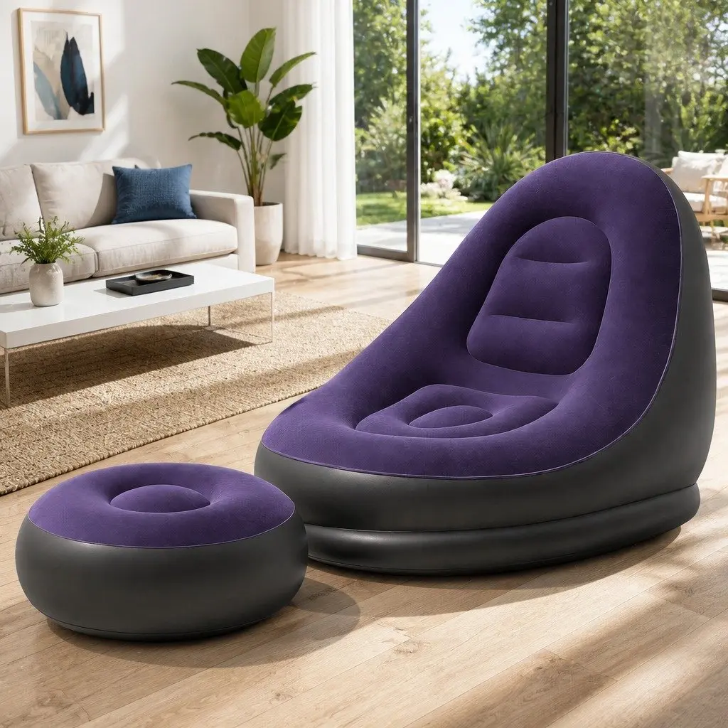 Inflatable Chair and Ottoman Set Portable Soft Flocked Fabric Seating for Indoor and Outdoor Use Purple