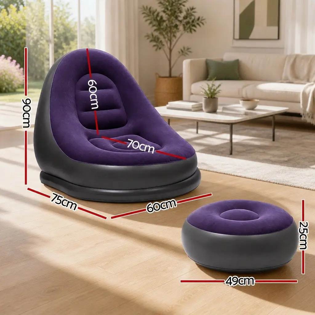 Inflatable Chair and Ottoman Set Portable Soft Flocked Fabric Seating for Indoor and Outdoor Use Purple