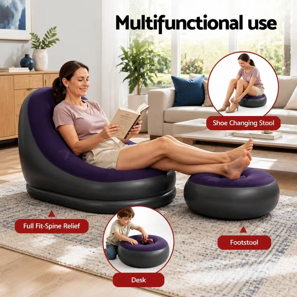 Inflatable Chair and Ottoman Set Portable Soft Flocked Fabric Seating for Indoor and Outdoor Use Purple