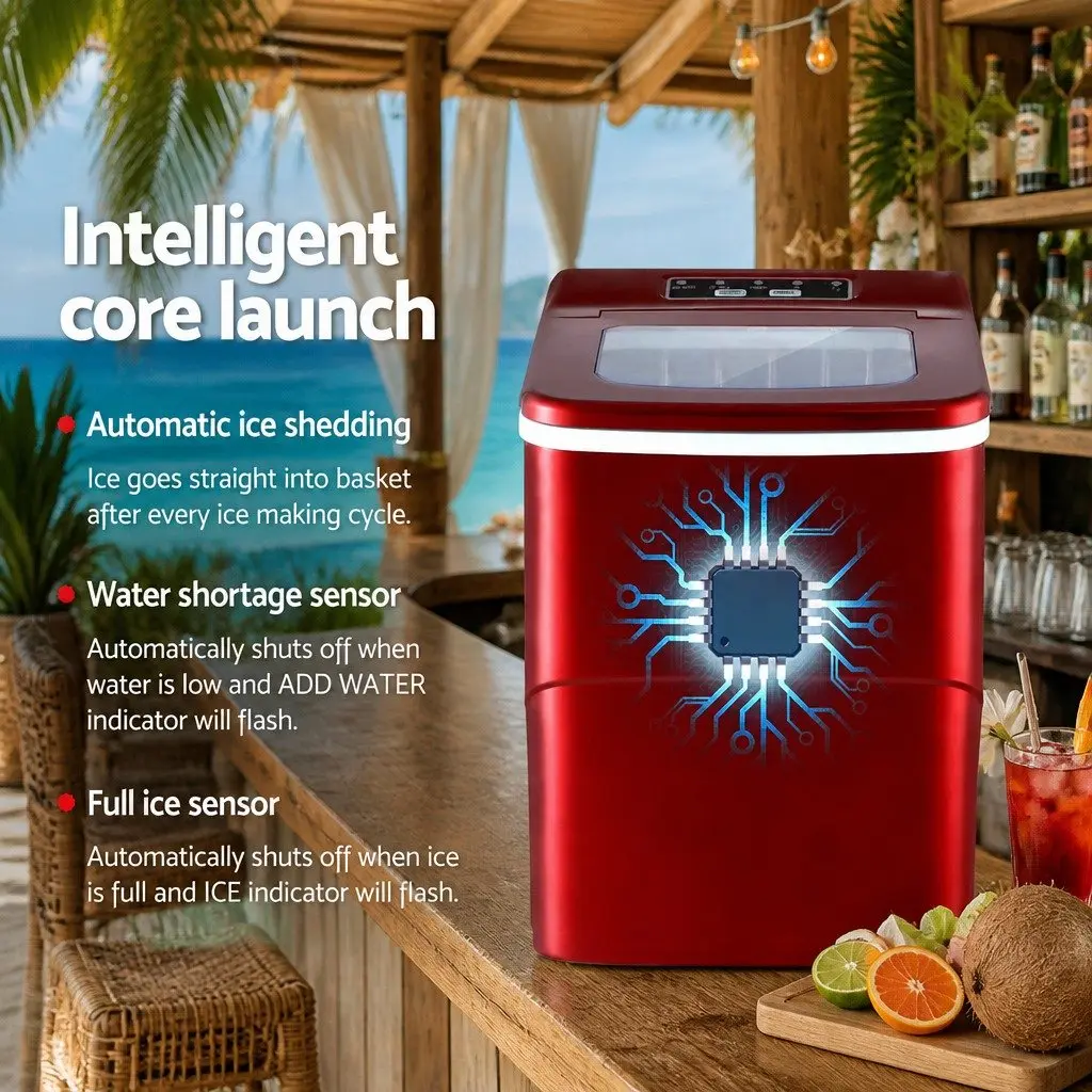 Portable Ice Maker 2L Compact Countertop Quick Ice Production Red