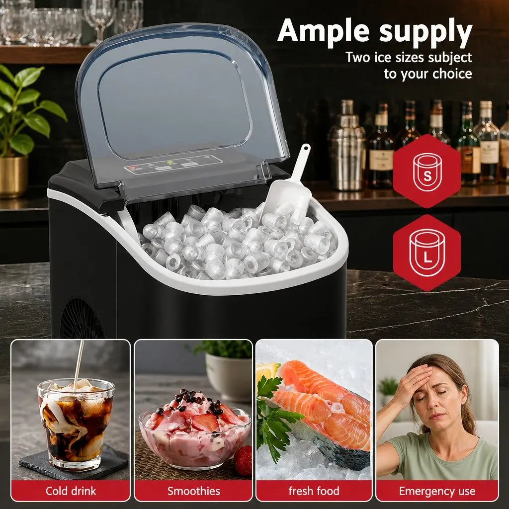 Portable Ice Maker Machine 12kg Compact Black Countertop with Water Shortage and Ice Full Alarm