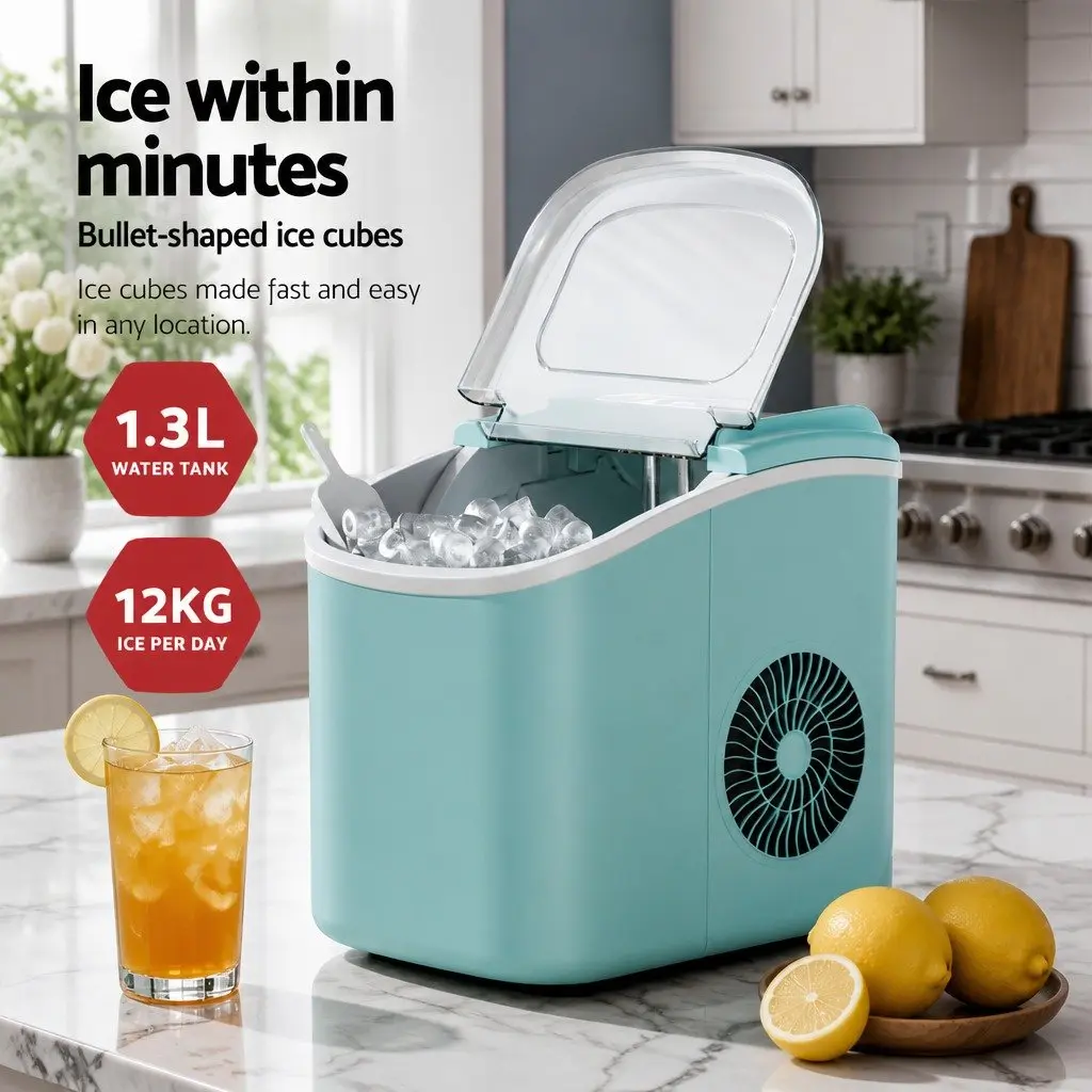 Ice Maker Machine 12kg Daily Production Bullet Shaped Cubes Compact Countertop Green