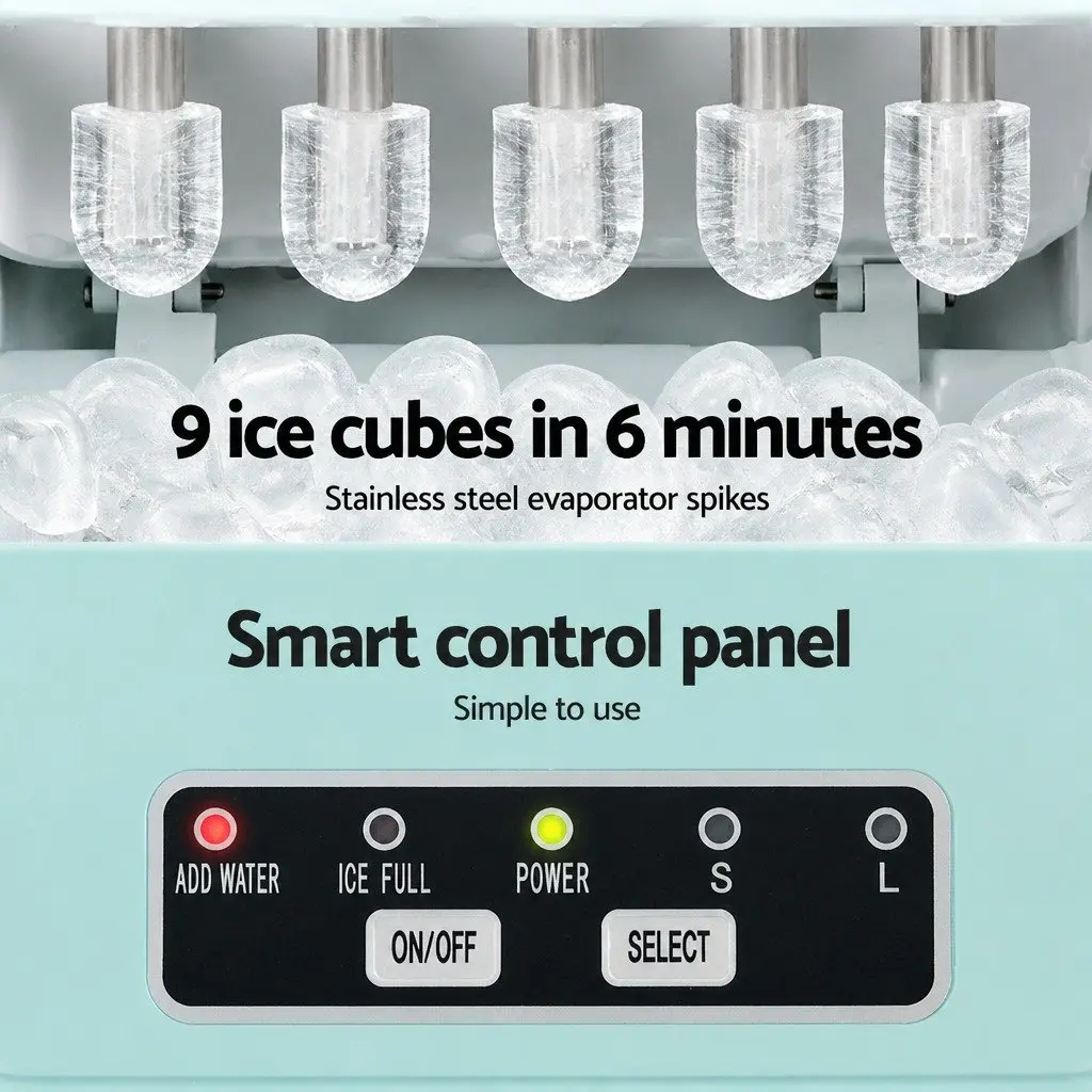 Ice Maker Machine 12kg Daily Production Bullet Shaped Cubes Compact Countertop Green