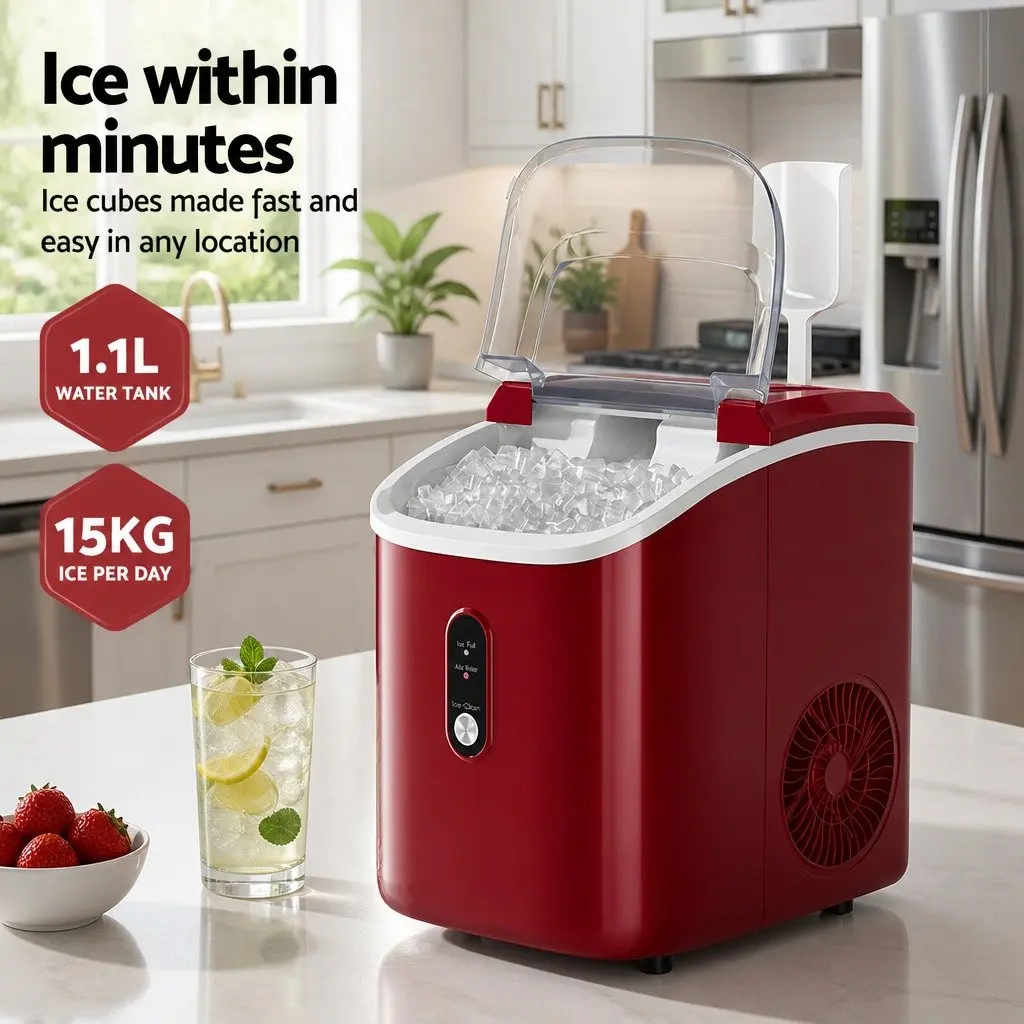 Ice Maker Machine 15kg Nugget Chewable Ice Cube Compact Portable Red