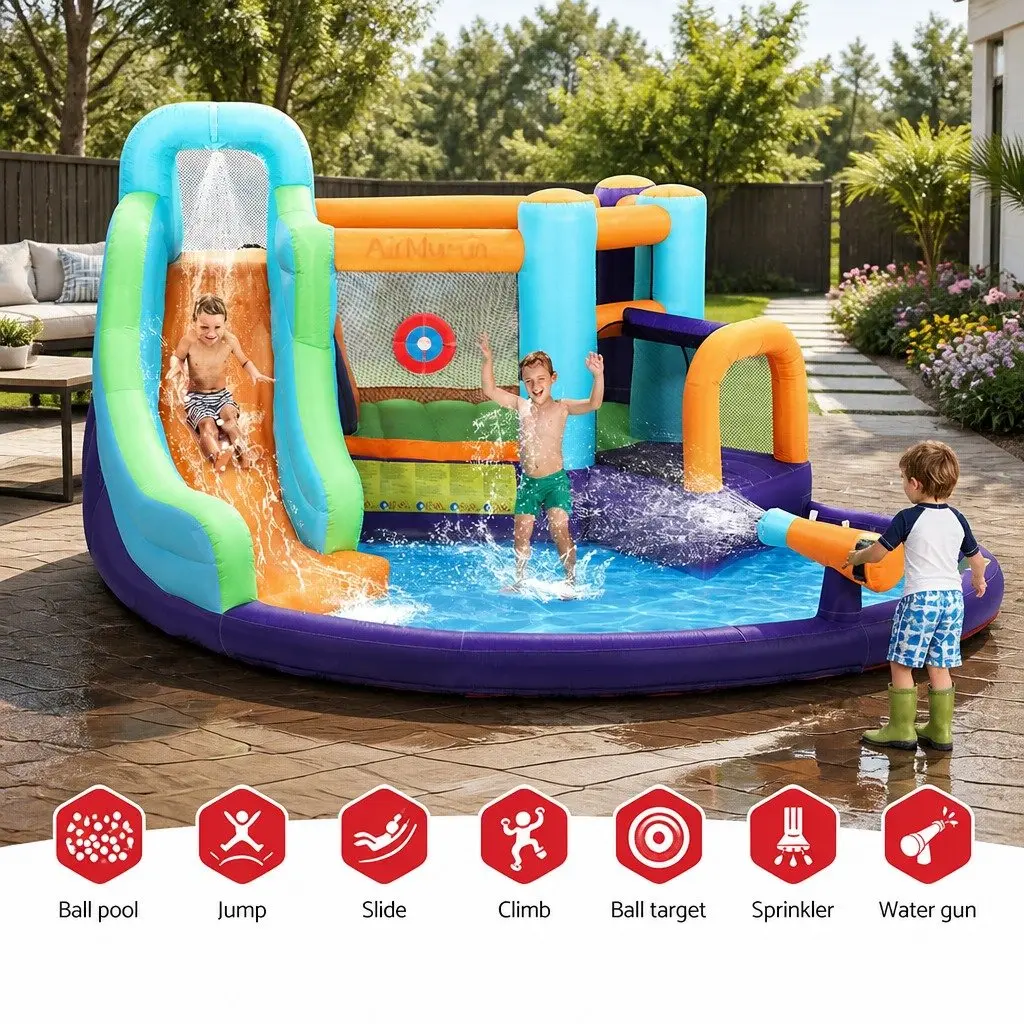 Inflatable Water Slide Jumping Castle Outdoor Pool Toy with Electric Blower 430cm x 400cm Curved Slide Climbing Wall Water Cannon