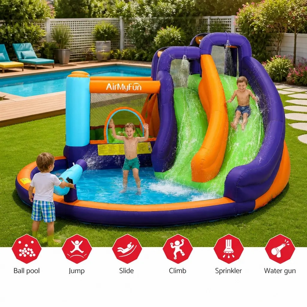 Inflatable Water Slide Kids Jumping Castle Double Slide Pool Toy Outdoor Play 430cm with Climbing Wall Water Cannon Safety Mesh Barrier