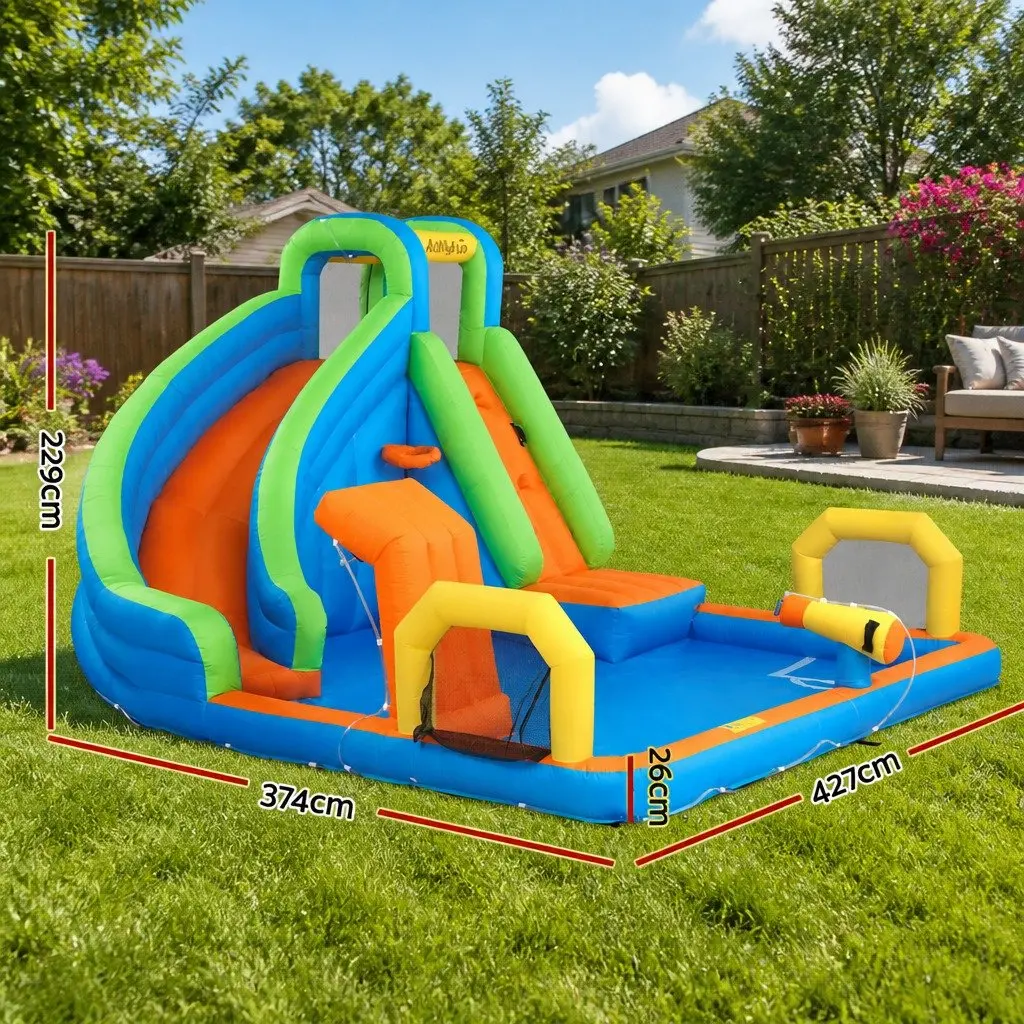 Kids Inflatable Water Park Slide 427x374cm with Splash Cannon Soccer Goal Climbing Wall