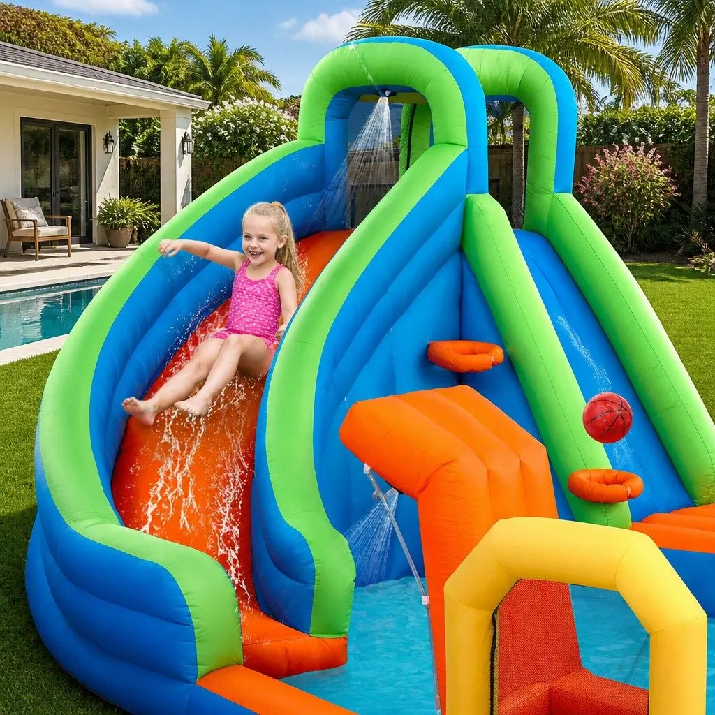 Kids Inflatable Water Park Slide 427x374cm with Splash Cannon Soccer Goal Climbing Wall