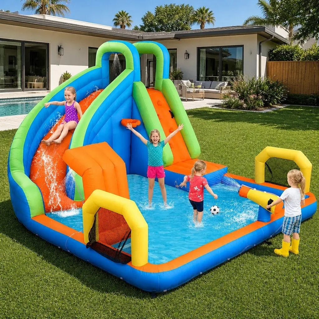 Kids Inflatable Water Park Slide 427x374cm with Splash Cannon Soccer Goal Climbing Wall