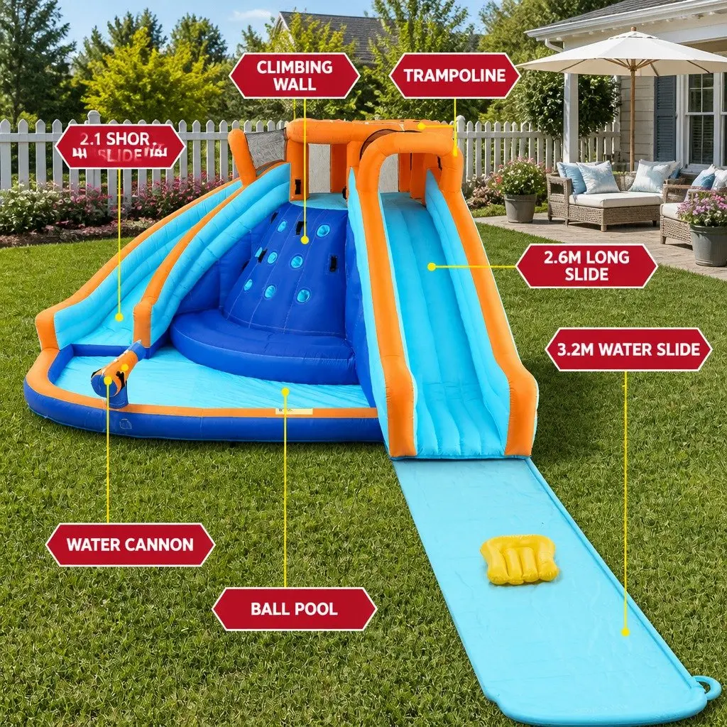 Kids Inflatable Water Park 465cm Double Slide Climbing Wall Splash Pool Outdoor Toy
