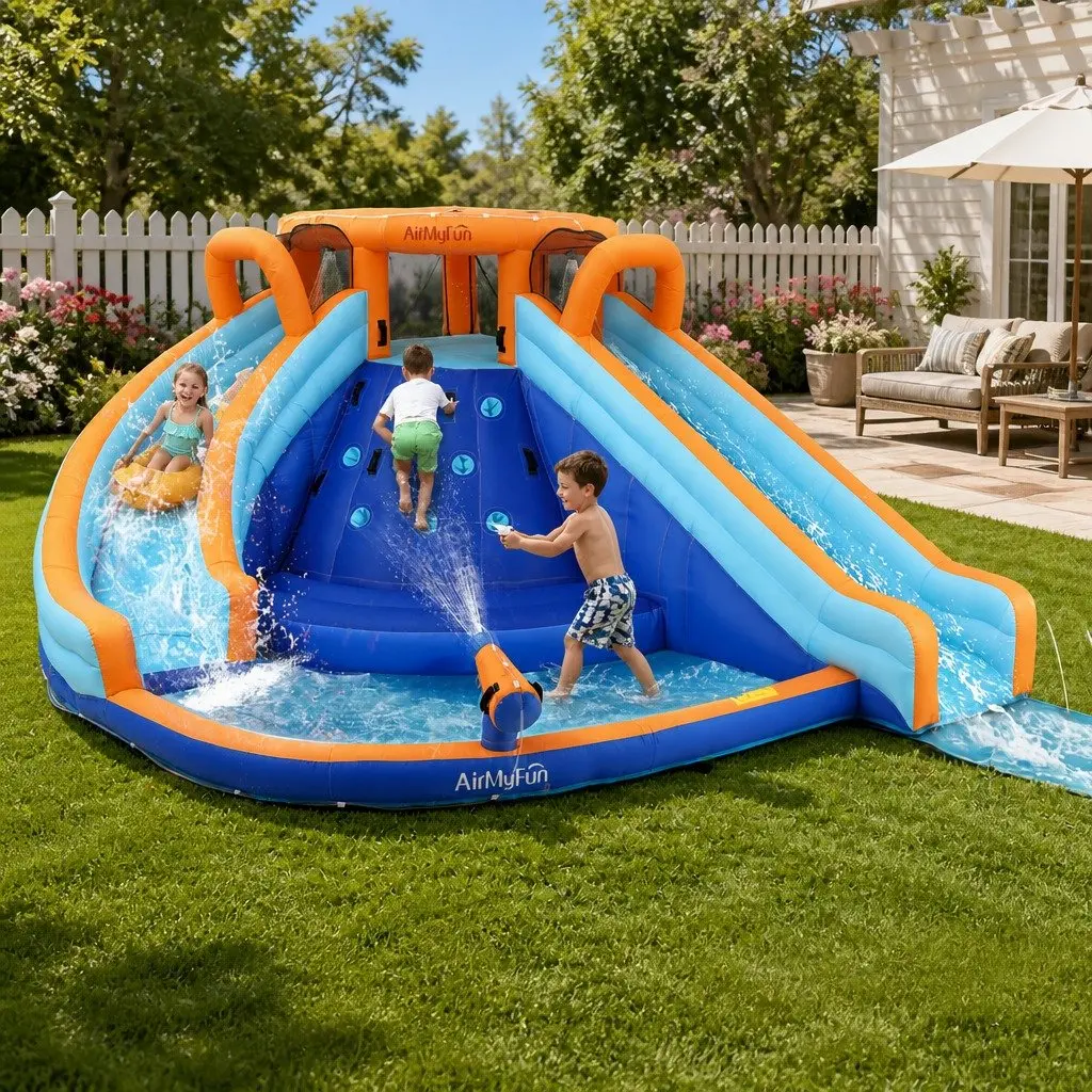 Kids Inflatable Water Park 465cm Double Slide Climbing Wall Splash Pool Outdoor Toy