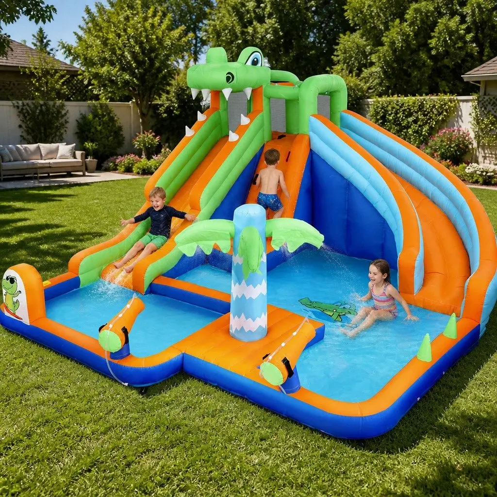 Kids Inflatable Water Park 465cm Double Slide Climbing Wall Outdoor Pool Toy