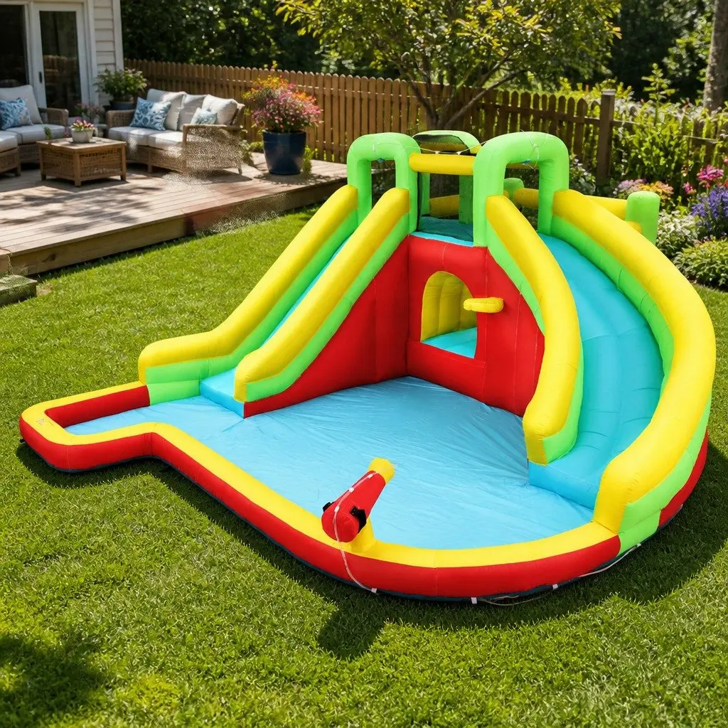 Kids Inflatable Water Slide Park 575cm with Two Slides Trampoline Climbing Wall and Water Cannon