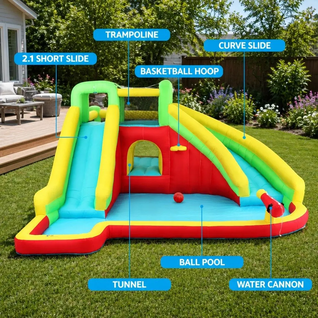 Kids Inflatable Water Slide Park 575cm with Two Slides Trampoline Climbing Wall and Water Cannon